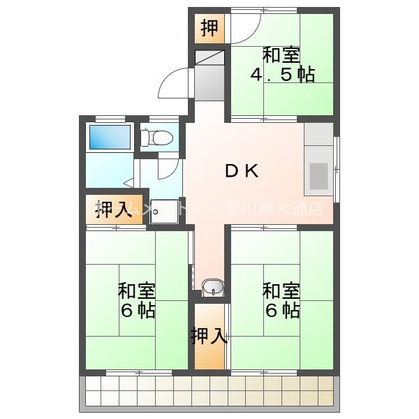 ハイツ河原D棟(3DK/1階)の間取り写真
