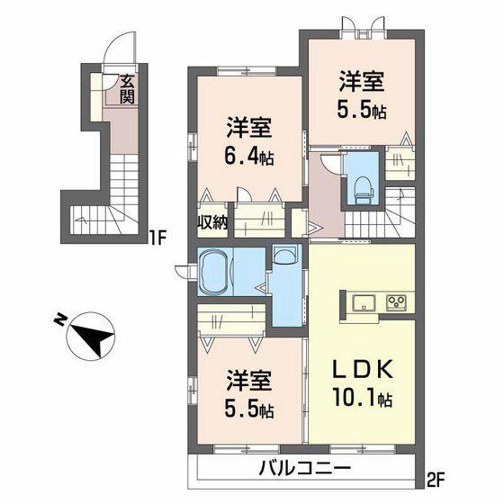 グランマスト春日野通 B棟(3LDK/2階)の間取り写真