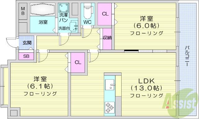 東仙台五番館(2LDK/2階)の間取り写真