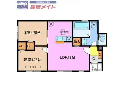 リーブルファイン津興 2号棟(2LDK/1階)の間取り写真