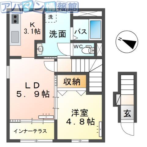 新潟市秋葉区中野アパート(1LDK/2階)の間取り写真