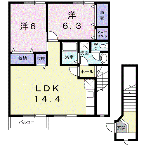 メープル焼山C(2LDK/2階)の間取り写真