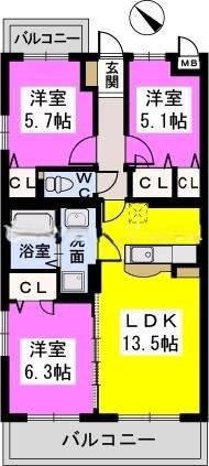 プライムコート大野城III(3LDK/2階)の間取り写真