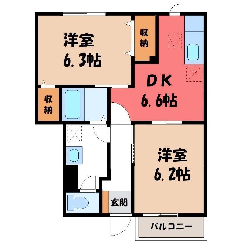 スカイタウン飯塚(2DK/1階)の間取り写真