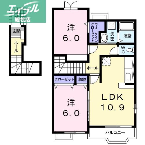 メロウ・グローブA棟(2LDK/2階)の間取り写真