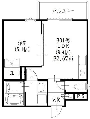 クリエオーレ一津屋I(1LDK/3階)の間取り写真