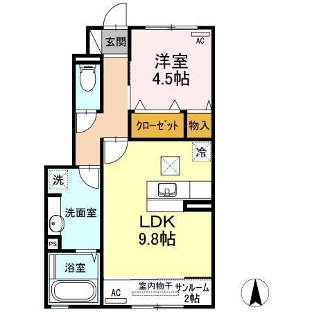 グランド シャインB棟(1LDK/1階)の間取り写真