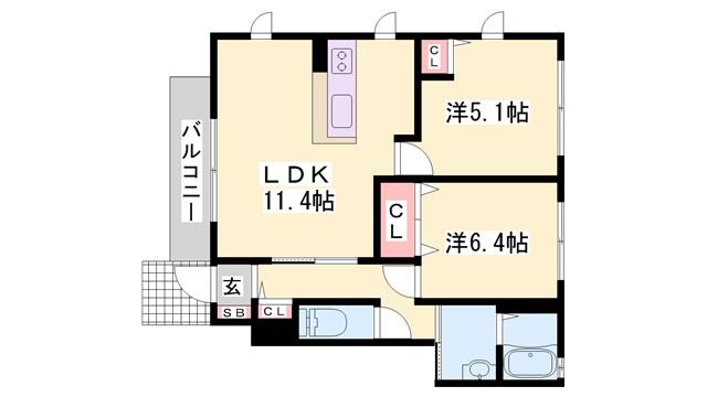 シャーメゾン浜の宮 B棟(2LDK/1階)の間取り写真