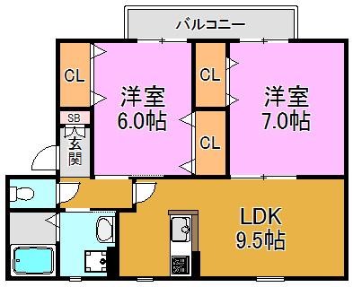 カーサジュネス(2LDK/2階)の間取り写真