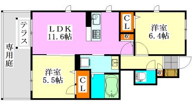 グラン東船橋(2LDK/1階)の間取り写真