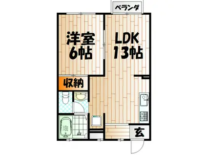 リヴァー下到津(1LDK/1階)の間取り写真