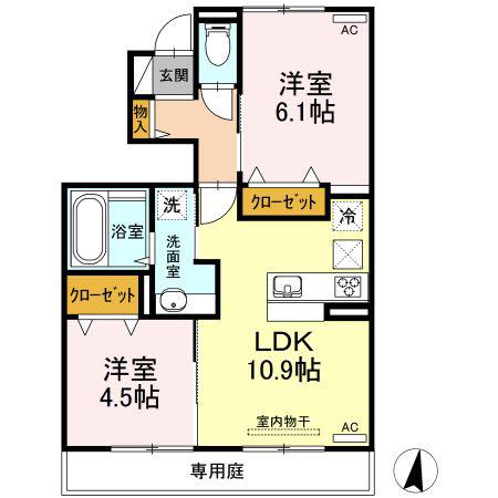 プレミール益城(2LDK/1階)の間取り写真