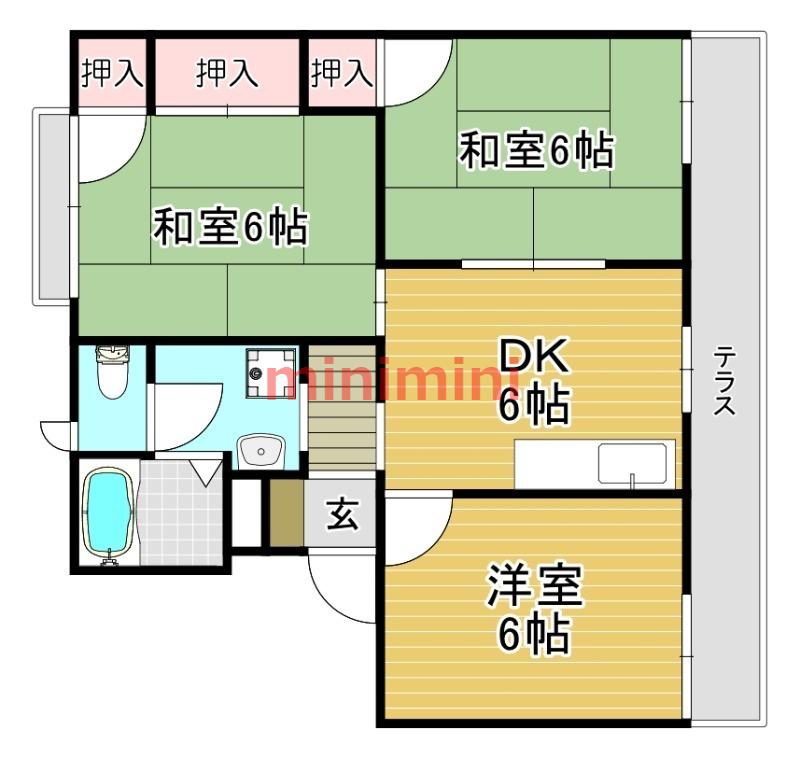 タウニー北春日丘A棟(3DK/1階)の間取り写真