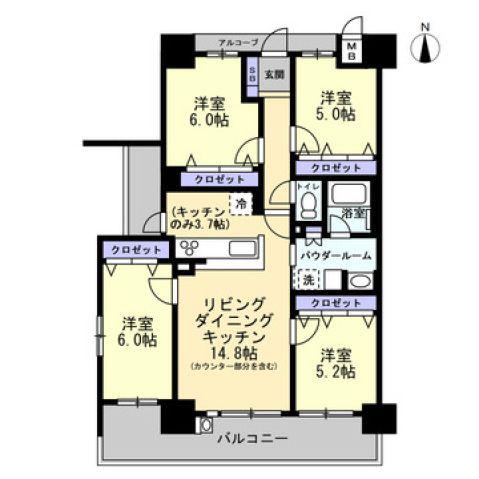 アルファスマート西条土与丸(4LDK/3階)の間取り写真