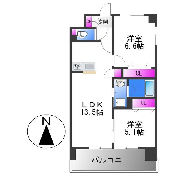 スクエアコート加美(2LDK/5階)の間取り写真