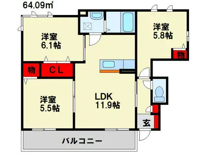 シャーメゾンひびきのII(3LDK/1階)の間取り写真