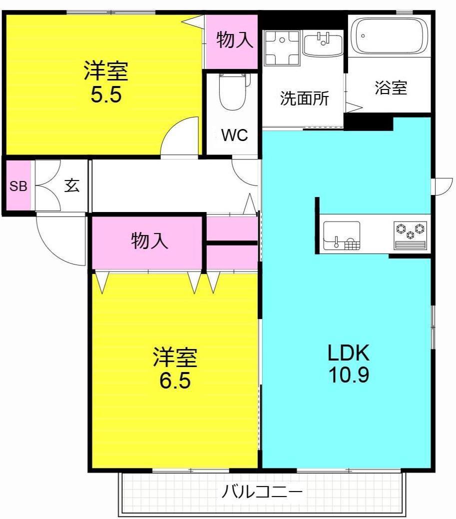 アメニティ大原Aウエスト(2LDK/2階)の間取り写真