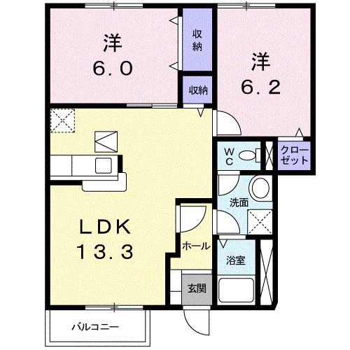 ウエスト ヴィル ヌーヴI(2LDK/1階)の間取り写真