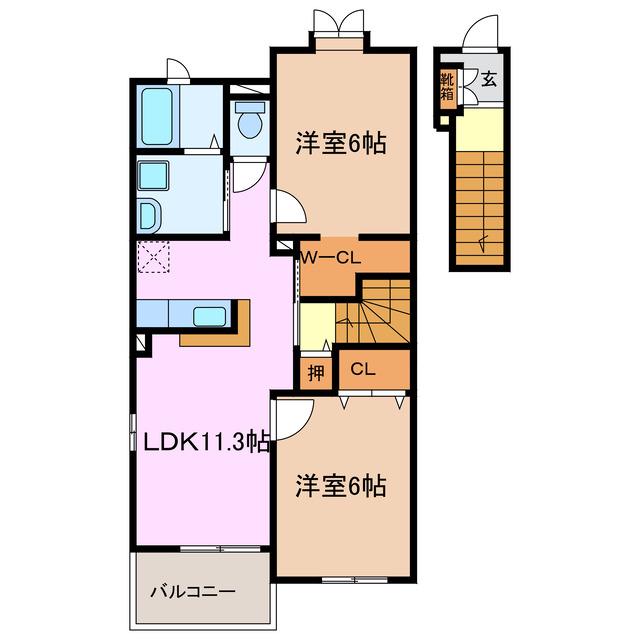 地下鉄鶴舞線 赤池駅(愛知) バス乗車時間:13分 最寄りバス停で下車 徒歩7分 2階建 築14年(2LDK/2階)の間取り写真