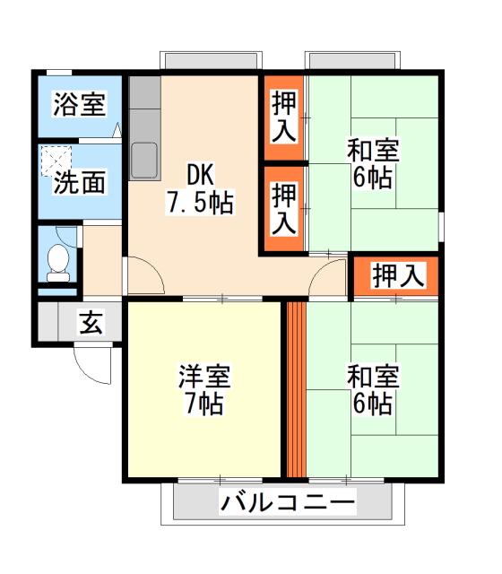 サンビレッジC棟(3DK/1階)の間取り写真