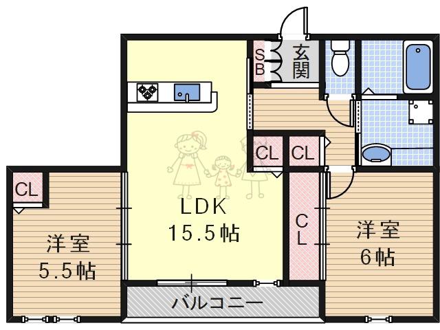 プルミエジュール帝塚山(2LDK/2階)の間取り写真