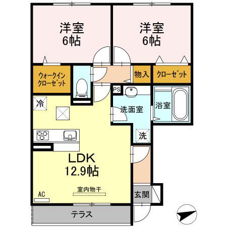 セジュール西条 A棟(2LDK/1階)の間取り写真