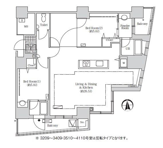 アクティ汐留(2LDK/32階)の間取り写真