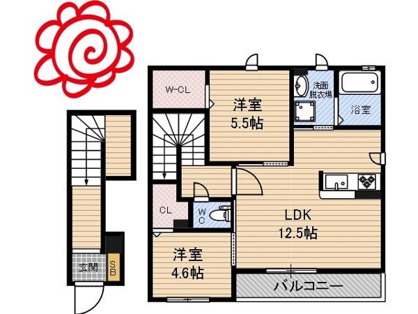 シャーメゾン稲田本町A(2LDK/2階)の間取り写真