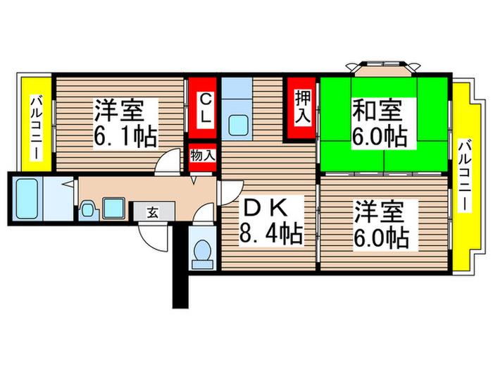 ロイヤルグリーン八千代5号棟(3DK/3階)の間取り写真