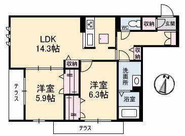 シエルクレールB棟(2LDK/1階)の間取り写真