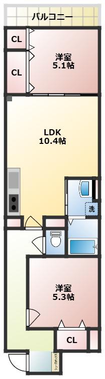 クリエオーレ天理(2LDK/2階)の間取り写真