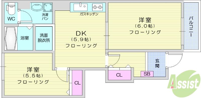 ボヌールあべ(2DK/1階)の間取り写真