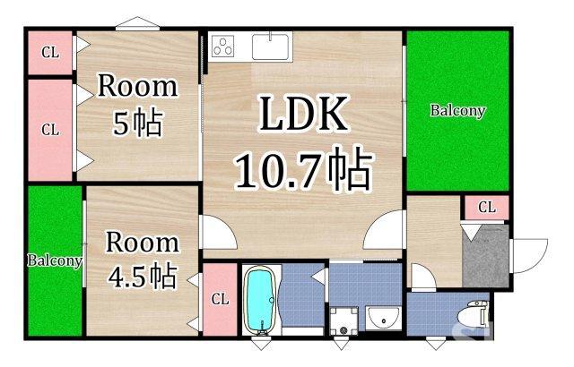 クリエオーレ馬場町(2LDK/2階)の間取り写真