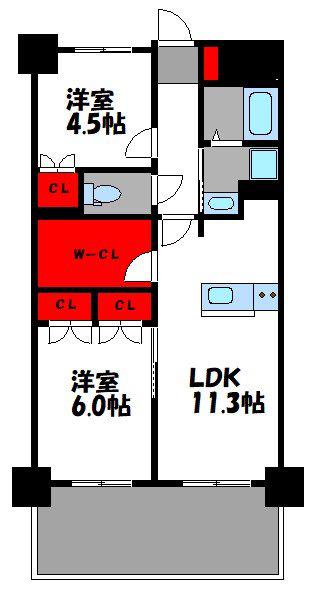RJRプレシア高砂(2LDK/6階)の間取り写真