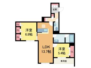 ESPOIR 宝塚・川面(2LDK/1階)の間取り写真