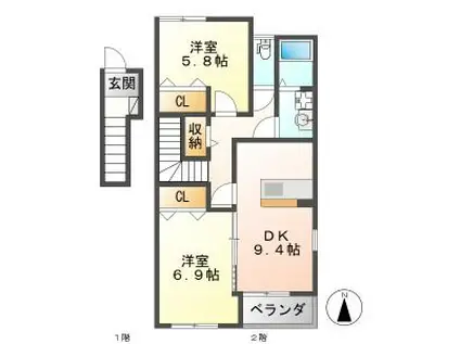 クイットネス・ナカ(2LDK/2階)の間取り写真