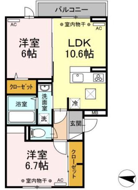グリュックヴァーグ(2LDK/2階)の間取り写真