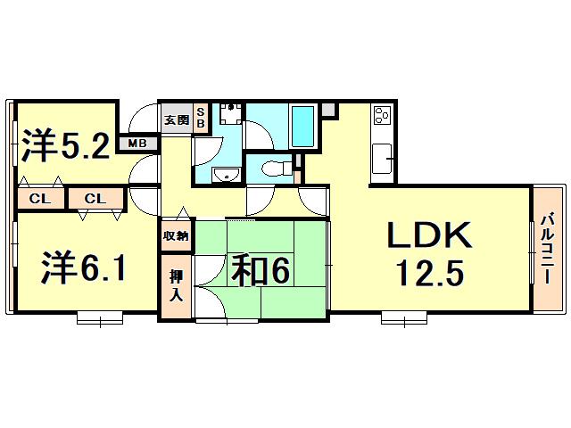 芦屋東パークハイツ(3LDK/5階)の間取り写真