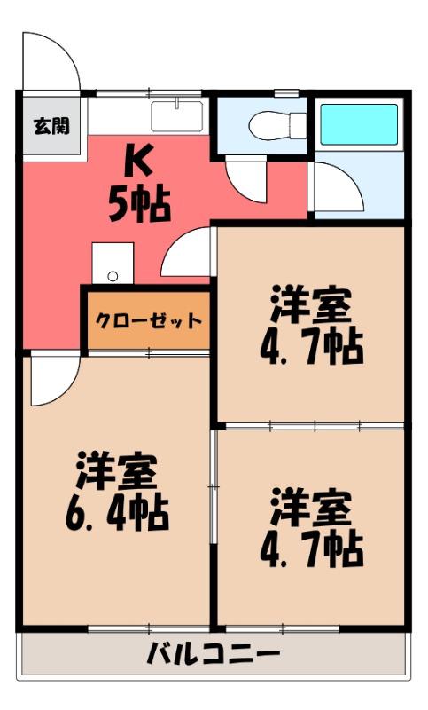 リブレス桐生堤町B(3K/2階)の間取り写真