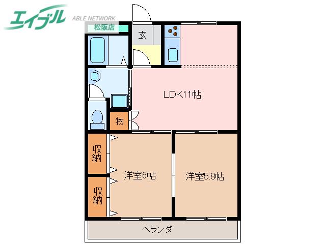 グランディス中央(2LDK/2階)の間取り写真