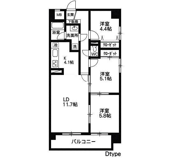 リリーマンション2(3LDK/10階)の間取り写真