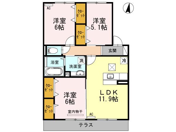 ハルブラッサム富の原(3LDK/1階)の間取り写真