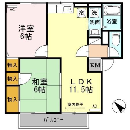 エスポワール三柳A棟(2LDK/2階)の間取り写真