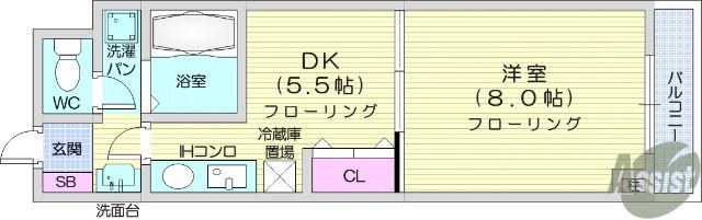 ベルシティ榴ヶ岡(1DK/11階)の間取り写真