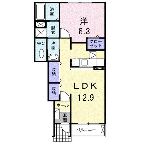 ロイヤルスクウェア 一宮III(1LDK/1階)の間取り写真