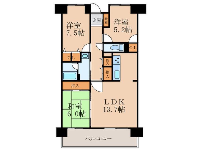 グランドール南草津(3LDK/12階)の間取り写真