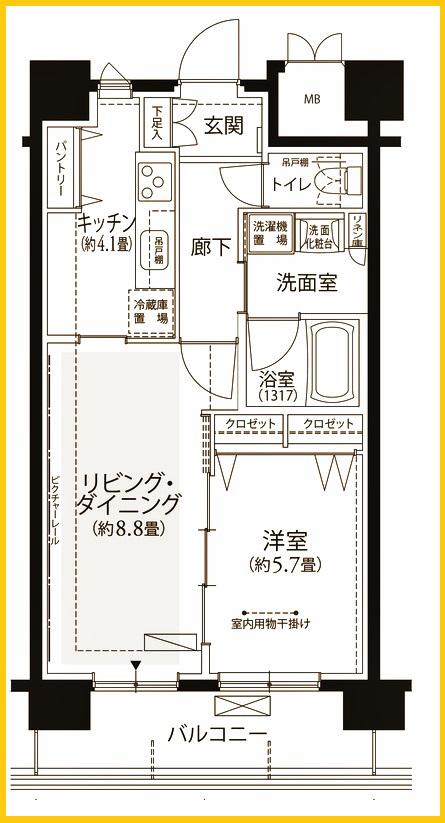 フロール横浜三ツ沢 3番館(1LDK/5階)の間取り写真