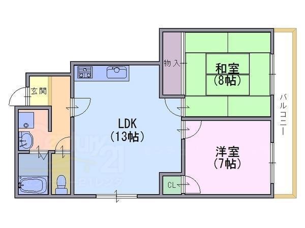 ディアパレス向日(2LDK/1階)の間取り写真