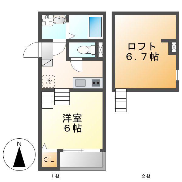 エクスクルーシヴ高畑(1K/2階)の間取り写真