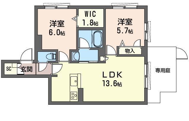アヴェニール 調の杜(2LDK/1階)の間取り写真